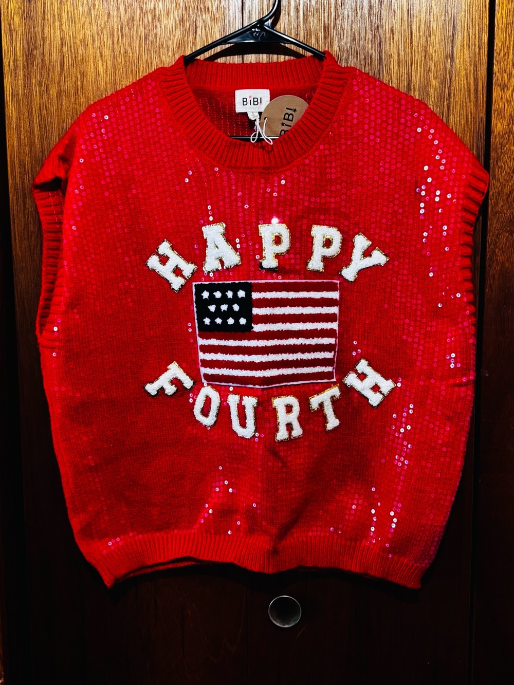 BiBi Red Sequin 'Happy Fourth' Crewneck Sweater